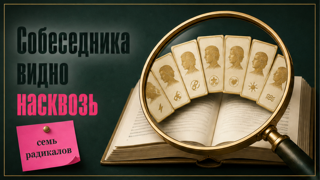 Лупа над карточками семи типов характера — обложка статьи о чтении собеседника